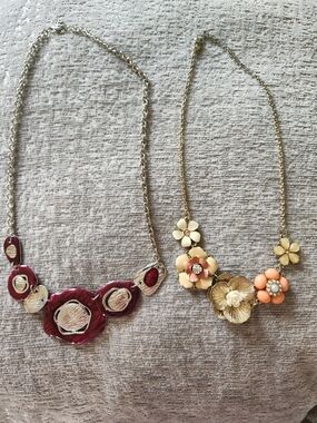 Floral Statement Necklace with Peach and Cream Accents and Purple Pendent Necklc